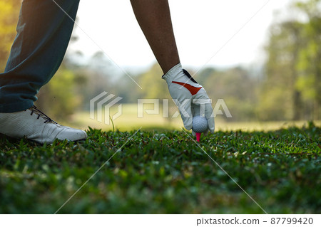 Hand hold golf ball with tee on course, golf course background. Hand hold golf ball with tee on course, golf course background. 87799420