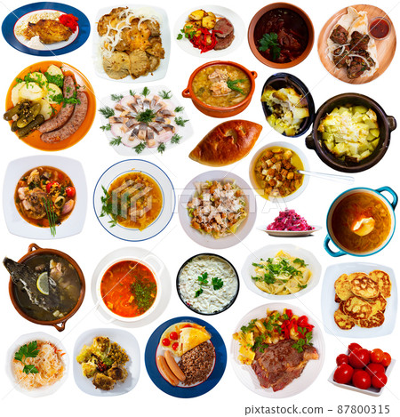 Set of russian dishes isolated on white 87800315