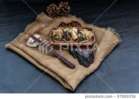 Thai food, Stir-fried tofu with ginger in wooden tray. 87800356