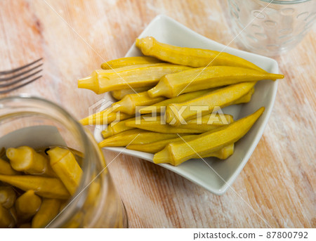 Homemade organic marinated pickled okra Homemade organic marinated pickled okra 87800792