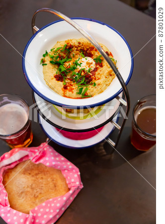 Appetizer set Mezze trio of polenta, beetroot hummus and fried cauliflower 87801029