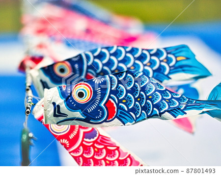 一條鯉魚旗在五月的湛藍天空中奮力游動 87801493