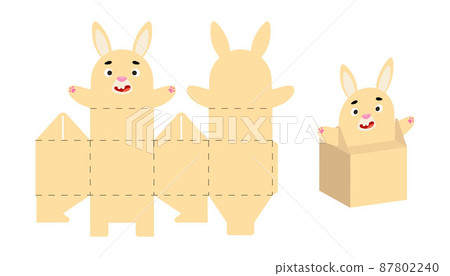 Cute party favor box hare design for sweets, candies, small presents. DIY package template for any purposes, birthdays, baby showers, Christmas. Print, cut out, fold, glue. Vector stock illustration. Cute party favor box hare design for sweets, candies, small presents. DIY package template for any purposes, birthdays, baby showers, Christmas. Print, cut out, fold, glue. Vector stock illustration. 87802240