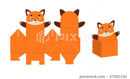 Cute party favor box fox design for sweets, candies, small presents. DIY package template for any purposes, birthdays, baby showers, Christmas. Print, cut out, fold, glue. Vector stock illustration. 87802242