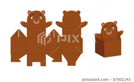 Cute party favor box bear design for sweets, candies, small presents. DIY package template for any purposes, birthdays, baby showers, Christmas. Print, cut out, fold, glue. Vector stock illustration. 87802243