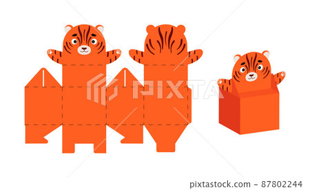 Cute party favor box tiger design for sweets, candies, small presents. DIY package template for any purposes, birthdays, baby showers, Christmas. Print, cut out, fold, glue. Vector stock illustration. Cute party favor box tiger design for sweets, candies, small presents. DIY package template for any purposes, birthdays, baby showers, Christmas. Print, cut out, fold, glue. Vector stock illustration. 87802244