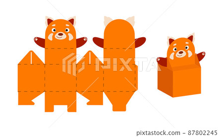 Cute party favor box red panda design for sweets, candies, small presents. DIY package template for any purposes, birthdays, baby showers, Christmas. Print, cut out, fold, glue. Vector illustration. 87802245