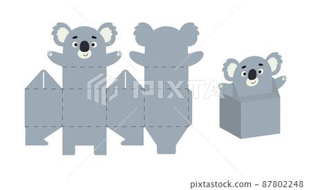 Cute party favor box koala design for sweets, candies, small presents. DIY package template for any purposes, birthdays, baby showers, Christmas. Print, cut out, fold, glue. Vector stock illustration. Cute party favor box koala design for sweets, candies, small presents. DIY package template for any purposes, birthdays, baby showers, Christmas. Print, cut out, fold, glue. Vector stock illustration. 87802248