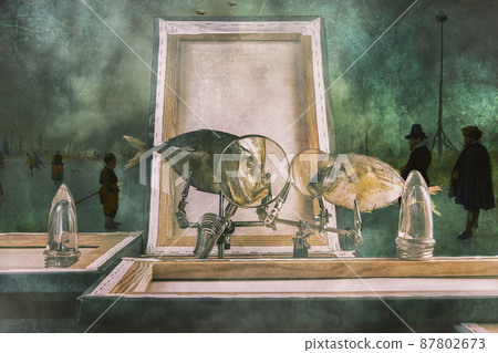 Still life with Moonfish, frames of paintings and magnifying glasses and a fragment of a picture of Hendrick Avercamp (1585 - 1634) 87802673