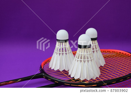 Cream white badminton shuttlecocks and rackets on purple floor in indoor badminton court, soft and selective focus, copy space, concept for badminton lovers around the world. Cream white badminton shuttlecocks and rackets on purple floor in indoor badminton court, soft and selective focus, copy space, concept for badminton lovers around the world. 87803902