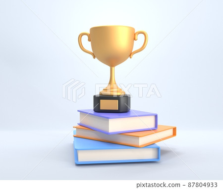 Golden cup, trophy or winner prize stand on stack books. Achievement in education, study award, successful student, excellent academic performance. Gold goblet for contest or competition, 3d render 87804933