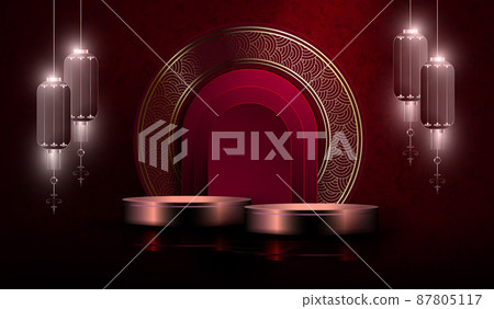 Composition of red texture with a stage and lanterns on pendants 87805117