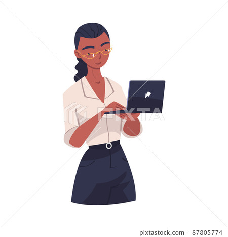 Young Businesswoman in White Blouse Holding Laptop Working in Office Vector Illustration 87805774