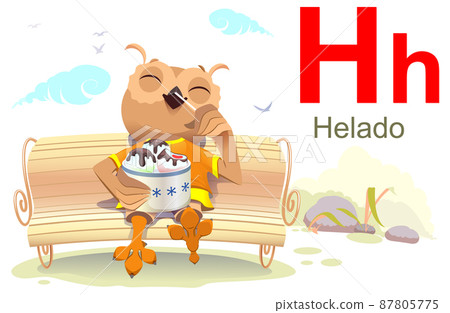 ABC spanish alphabet letter H helado. Owl sit bench and eat ice cream 87805775