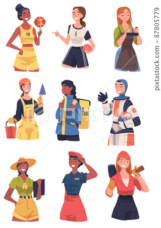 Young Woman of Different Profession Like Astronaut and Builder Vector Set Young Woman of Different Profession Like Astronaut and Builder Vector Set 87805779
