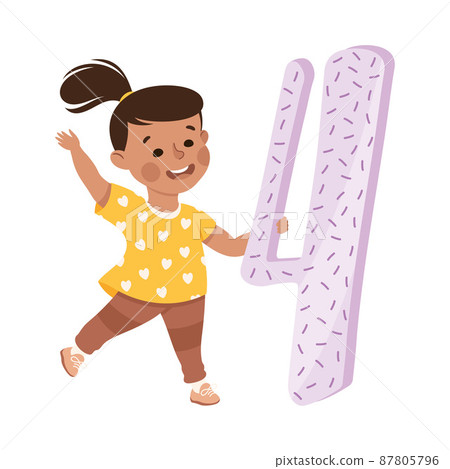 Little Girl with Huge Number Four or Numeral Learning Basic Counting Vector Illustration 87805796