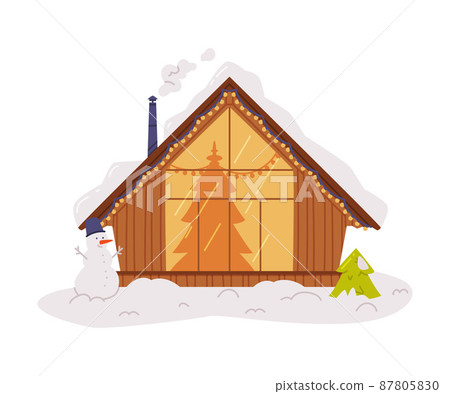 Winter House and Country Cottage with Roof Covered with White Snow and Lighting Window Vector Illustration 87805830