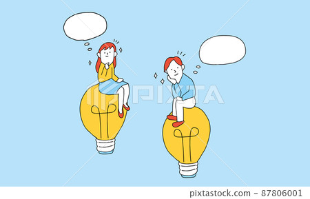 在燈泡上想像各種想法、夢想、職業、願景等的男女插圖 87806001