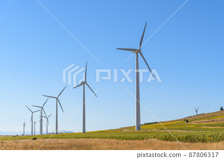 Wind turbines generating electricity on landscape of farmland Wind turbines generating electricity on landscape of farmland 87806317