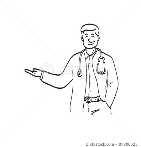 half length of male doctor showing and presenting something with hand illustration vector hand drawn isolated on white background line art. half length of male doctor showing and presenting something with hand illustration vector hand drawn isolated on white background line art. 87806323