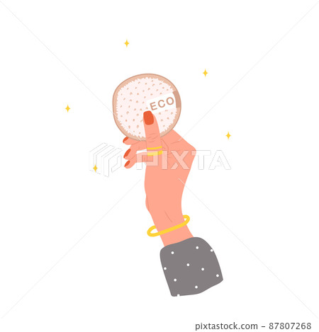 Reusable cotton pad in female hand. Bamboo makeup remover wipe. Eco friendly products for skin care. Zero waste concept. Save the planet. Vector illustration in flat cartoon style Reusable cotton pad in female hand. Bamboo makeup remover wipe. Eco friendly products for skin care. Zero waste concept. Save the planet. Vector illustration in flat cartoon style 87807268
