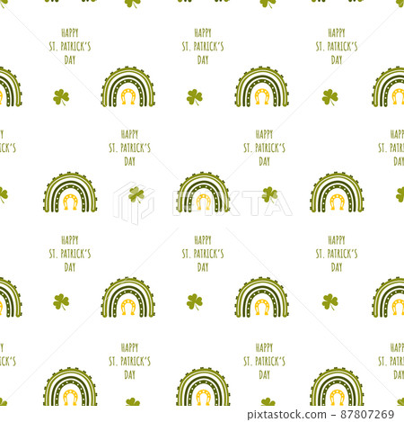 St. Patrick day seamless pattern with boho rainbow. Childish print for irish holidays. Scandinavian design for clothes, wrapping paper, fabric, wallpaper. Cute vector illustration with shamrock 87807269