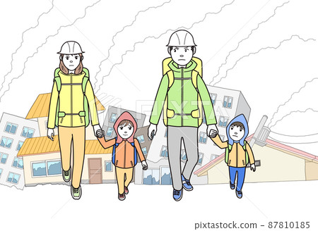 Family evacuating due to an earthquake Family evacuating due to an earthquake 87810185