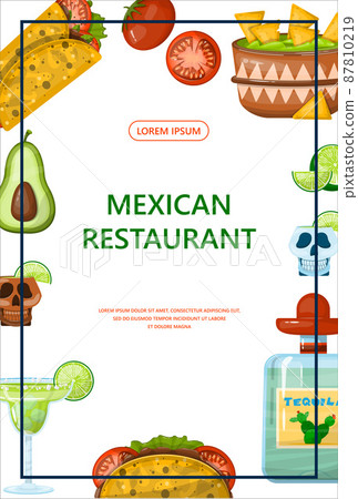 Traditional Mexican food banner. vector cartoon illustration. Mexican street, restaraunt and homemade food and drinks icons for ethnic menu. Cinco de mayo 87810219