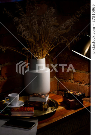 Blurred predictions background. Tarot cards layout on witch table. 87810969