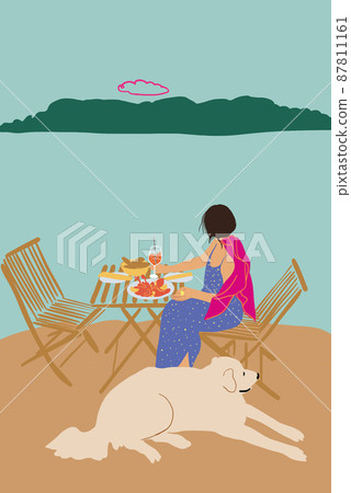 Woman enjoying beautiful seascape and having lunch, sitting with a dog at coast 87811161