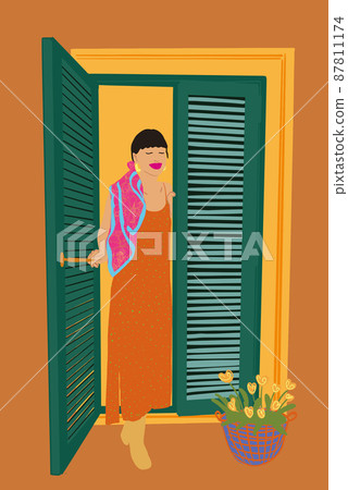 Woman in dress looking out the window with blinds. Vector illustration Woman in dress looking out the window with blinds. Vector illustration 87811174