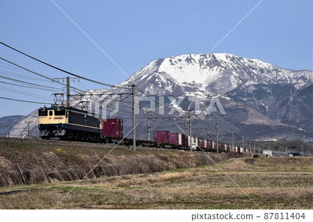 EF65 towed long freight train going to Omi Nagaoka on the Tokaido Main Line at the foot of Mt. Ibuki 87811404