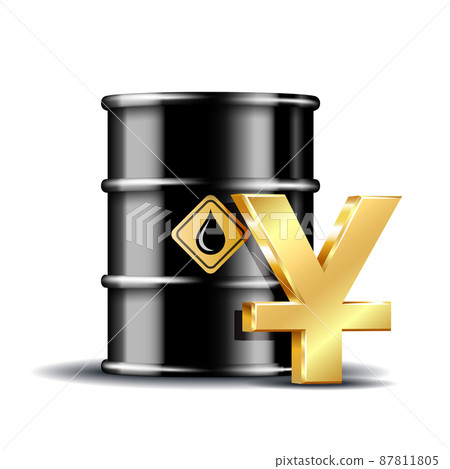 Oil barrel and gold yuan currency sign isolated on white Oil barrel and gold yuan currency sign isolated on white 87811805