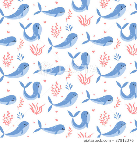 Seamless pattern with cute blue whales and seaweeds. Children's hand-drawn pattern. Vector pattern with sea animals. Seamless pattern with cute blue whales and seaweeds. Children's hand-drawn pattern. Vector pattern with sea animals. 87812376