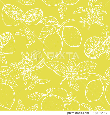 White contour lemons on bright yellow base seamless pattern 87813467