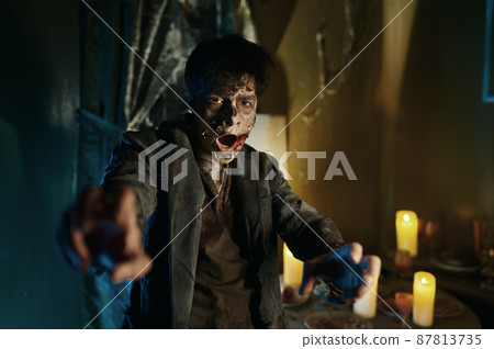 Portrait of scary bloodthirsty zombie man attack Portrait of scary bloodthirsty zombie man attack 87813735