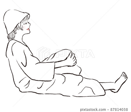 A woman who enters the sauna wearing a sauna poncho and a sauna hat. Illustration of the whole body sitting with long hair and eyes closed. 87814038