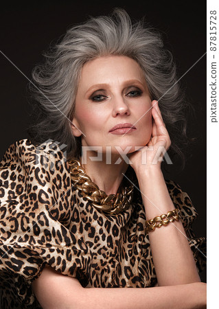 Portrait of a beautiful elderly woman in a leopard blouse with classic makeup and gray hair. 87815728