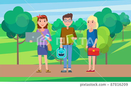 Students Girl with Laptop and Drink, Boy Textbook 87816209