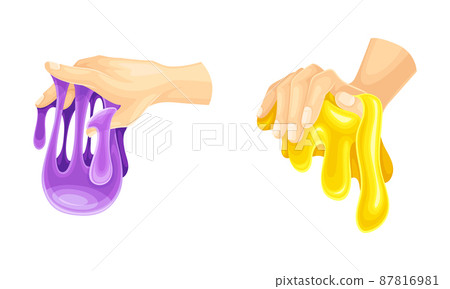 Childish hands playing purple and yellow slimes, sticky bright liquid hand gum cartoon vector illustration Childish hands playing purple and yellow slimes, sticky bright liquid hand gum cartoon vector illustration 87816981