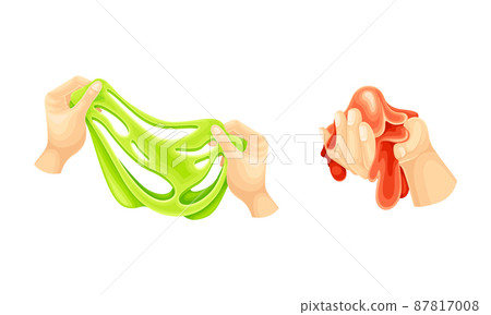 Childish hands playing green and red slimes set. Sticky bright liquid hand gum cartoon vector illustration 87817008
