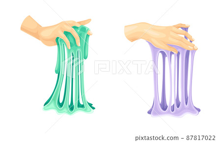 Childish hands playing slimes, bright liquid hand gum cartoon vector illustration 87817022