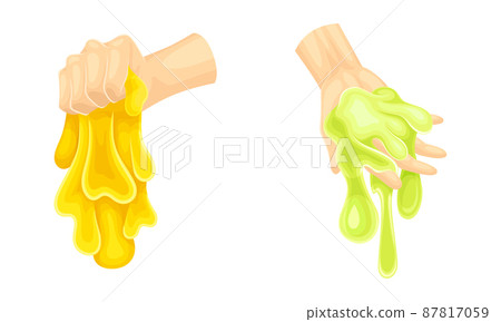 Human hand playing green and yellow slimes set. Sticky bright liquid hand gum cartoon vector illustration 87817059