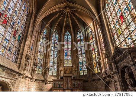 Anderlecht, Brussels Capital Region - Belgium -  Gothic interior design with stained glass in the Saint Guidon catholic church 87817093