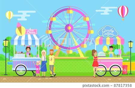 Sweet Street Food Carts in Big Amusement Park 87817358
