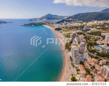 Aerophotography. View from flying drone. Panoramic cityscape of becici, Budva, Montenegro. Top View. Beautiful destinations Aerophotography. View from flying drone. Panoramic cityscape of becici, Budva, Montenegro. Top View. Beautiful destinations 87817533