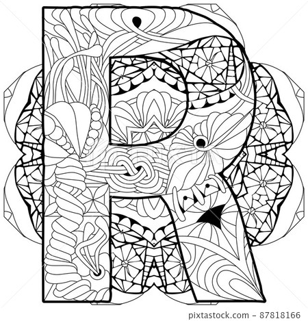 Letter R monogram, engraving design on mandala for coloring. Vector illustration. Letter R monogram, engraving design on mandala for coloring. Vector illustration. 87818166