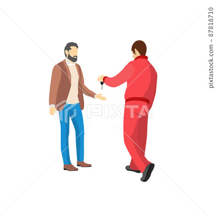 Mechanic in Red Overalls Giving Key from Vehicle Mechanic in Red Overalls Giving Key from Vehicle 87818710