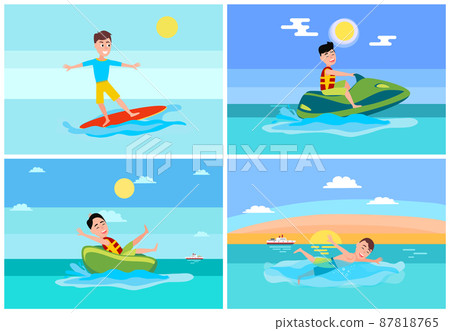 Surfing Summer Sport, Set Vector Illustration 87818765