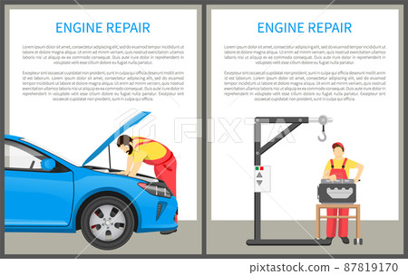 Engine Repair Posters Set Vector Illustration Engine Repair Posters Set Vector Illustration 87819170